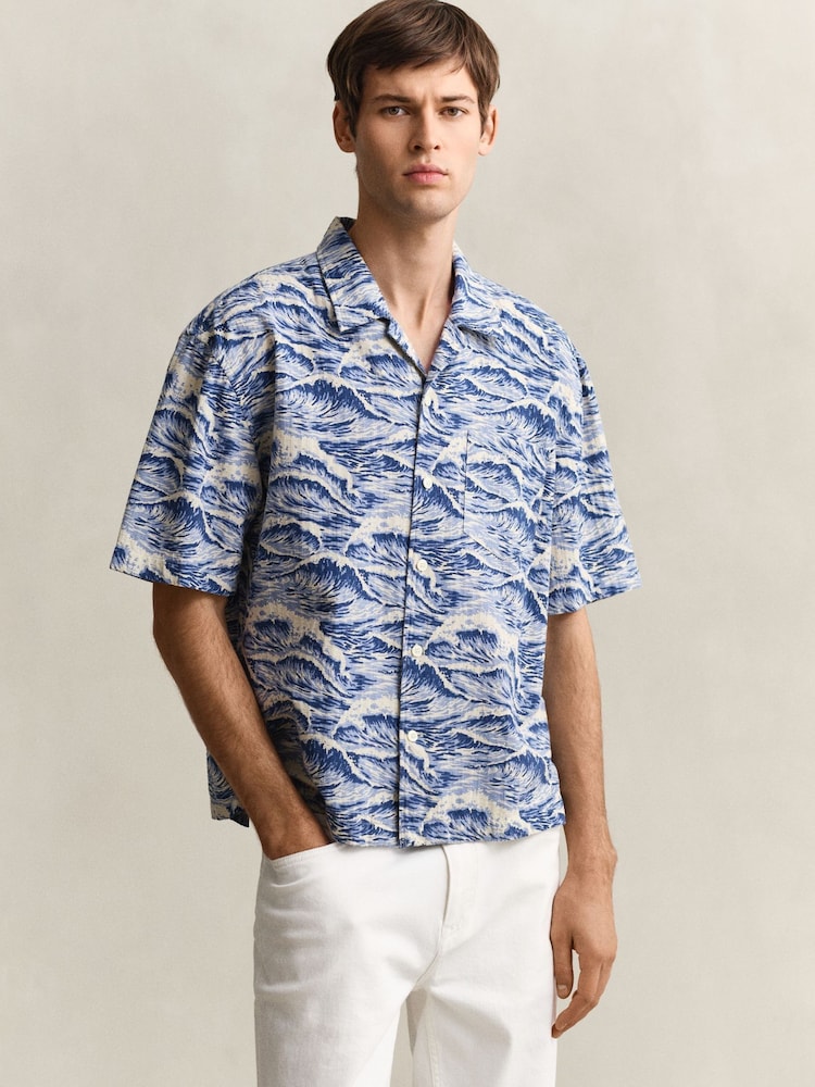 GANT Blue Wave Print Camp Collar Relaxed Resort Shirt - Image 1 of 5