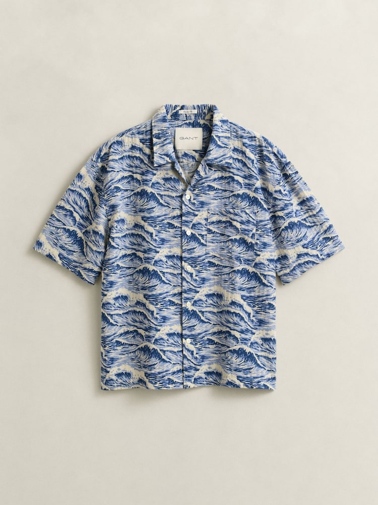 GANT Blue Wave Print Camp Collar Relaxed Resort Shirt - Image 5 of 5