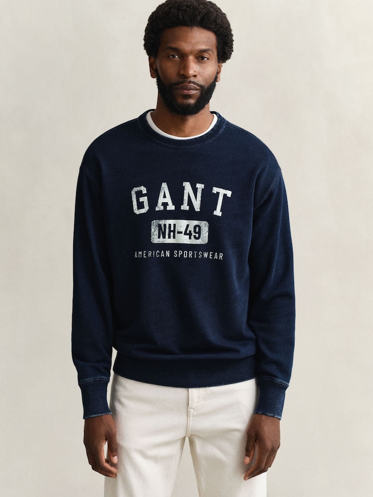 GANT Blue Indigo Wash Varsity Logo Sweatshirt - Image 1 of 4 GANT Blue Indigo Wash Varsity Logo Sweatshirt - Image 1 of 4