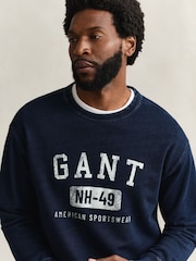 GANT Blue Indigo Wash Varsity Logo Sweatshirt - Image 3 of 4