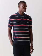 Albastru - GANT Stripe Textured Zip Neck Knit Polo Shirt - Imaginea 1 din 7