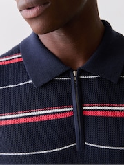Albastru - GANT Stripe Textured Zip Neck Knit Polo Shirt - Imaginea 5 din 7