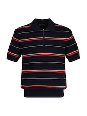 Albastru - GANT Stripe Textured Zip Neck Knit Polo Shirt - Imaginea 6 din 7