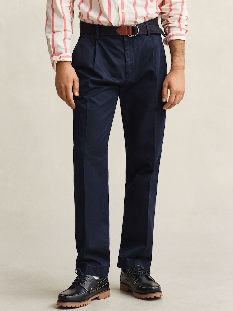 GANT Blue Pleated Twill Relaxed Chino Trousers - Image 1 of 6