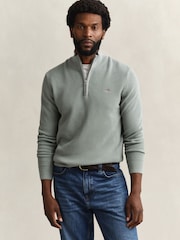 GANT Green Micro Waffle Texture Cotton Quarter Zip Knit Jumper - Image 1 of 4