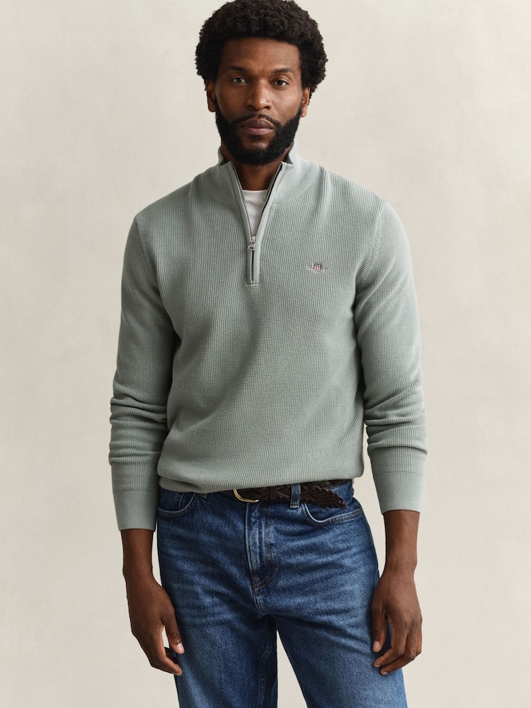GANT Green Micro Waffle Texture Cotton Quarter Zip Knit Jumper - Image 1 of 4