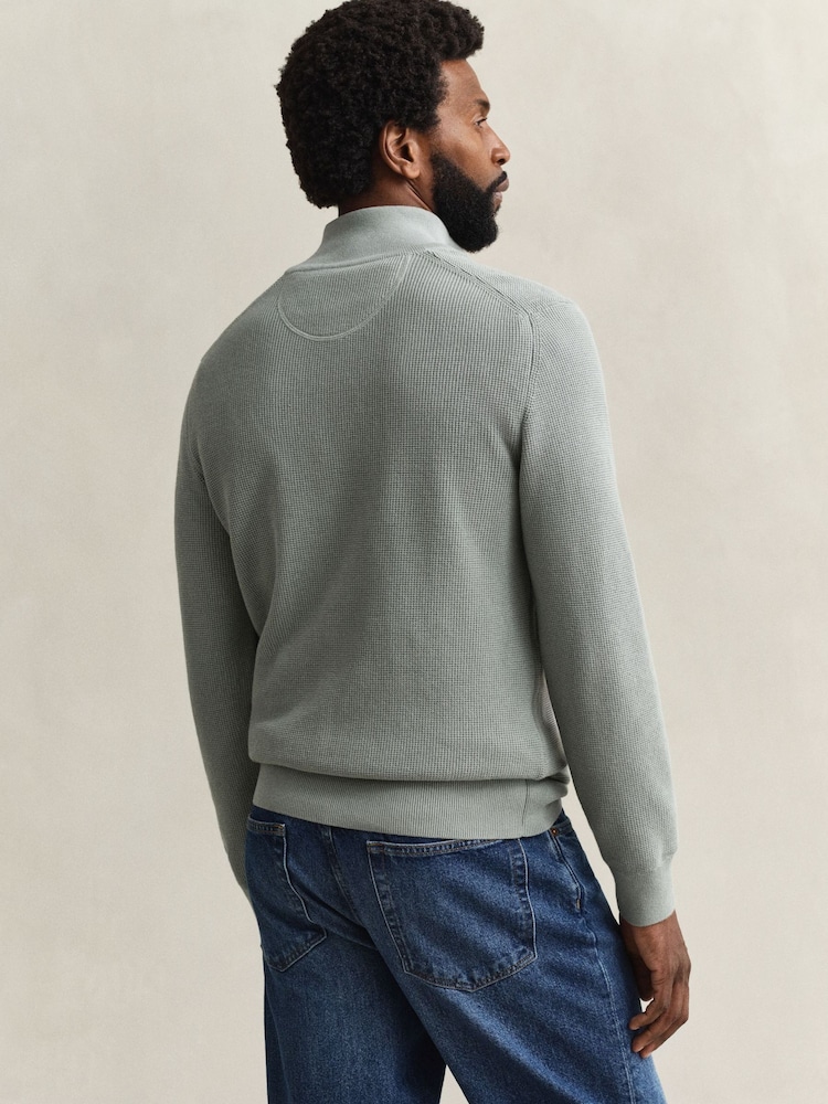 GANT Green Micro Waffle Texture Cotton Quarter Zip Knit Jumper - Image 2 of 4