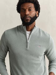 GANT Green Micro Waffle Texture Cotton Quarter Zip Knit Jumper - Image 3 of 4