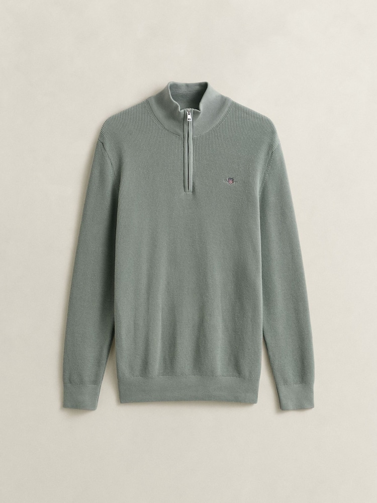 GANT Green Micro Waffle Texture Cotton Quarter Zip Knit Jumper - Image 4 of 4