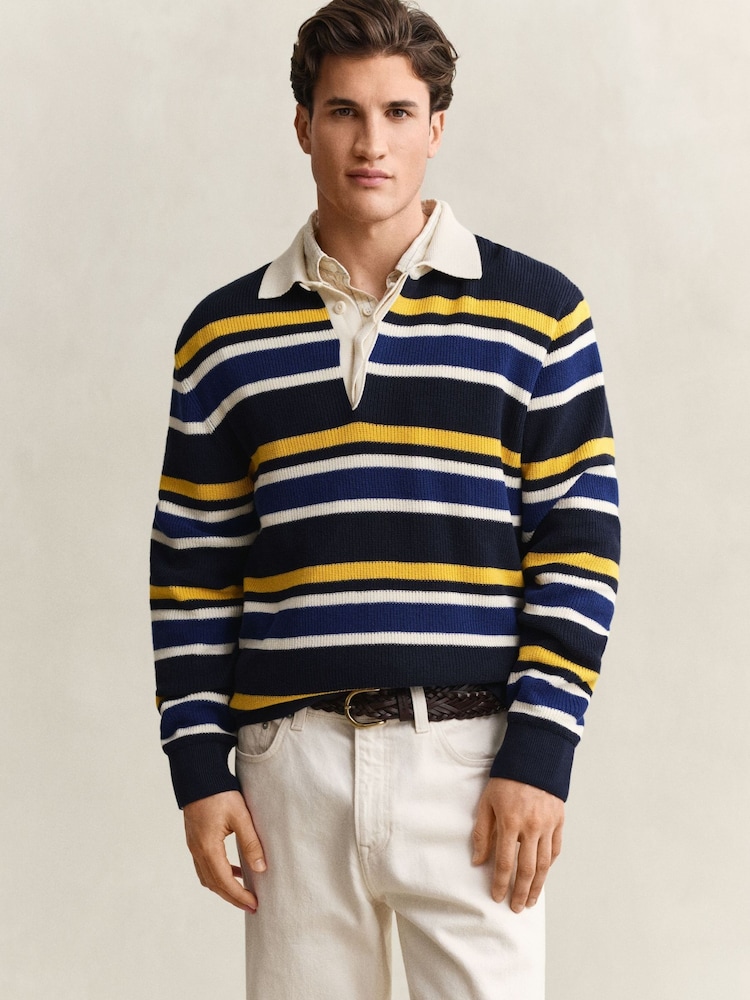 GANT Blue Striped Cotton Rib Knit Rugby Shirt - Image 1 of 5