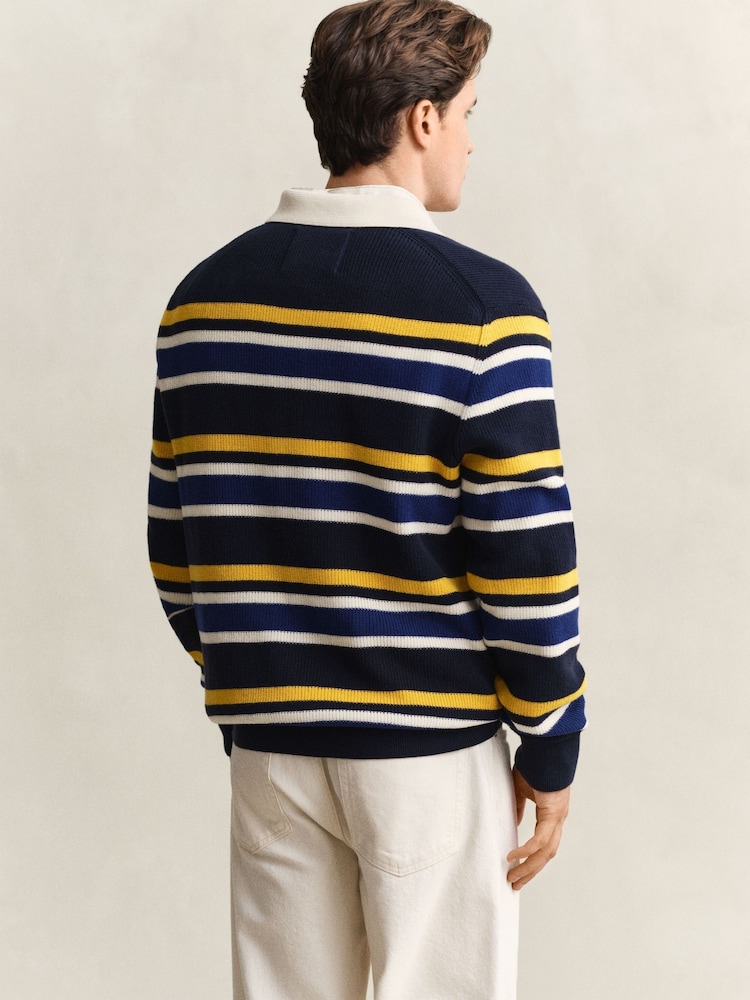 GANT Blue Striped Cotton Rib Knit Rugby Shirt - Image 2 of 5
