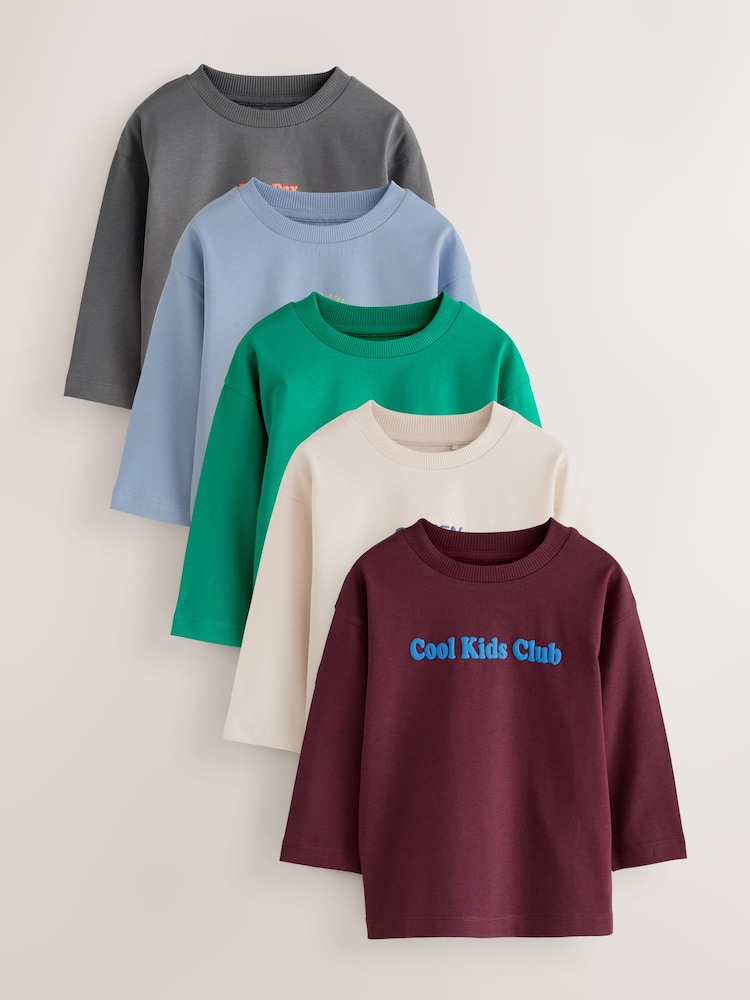 Multi Bright Fun Graphic Slogan Long Sleeve T-Shirts 5 Pack (3mths-7yrs) - Image 1 of 8 Multi Bright Fun Graphic Slogan Long Sleeve T-Shirts 5 Pack (3mths-7yrs) - Image 1 of 8