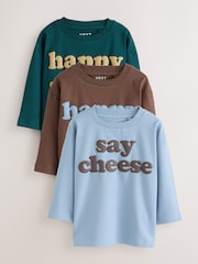 Mutli Blue / Berry / Green Happy Smile Slogan - 長袖圖案 T 裇 3 件裝（3 個月-7 歲） - 圖片 1/7