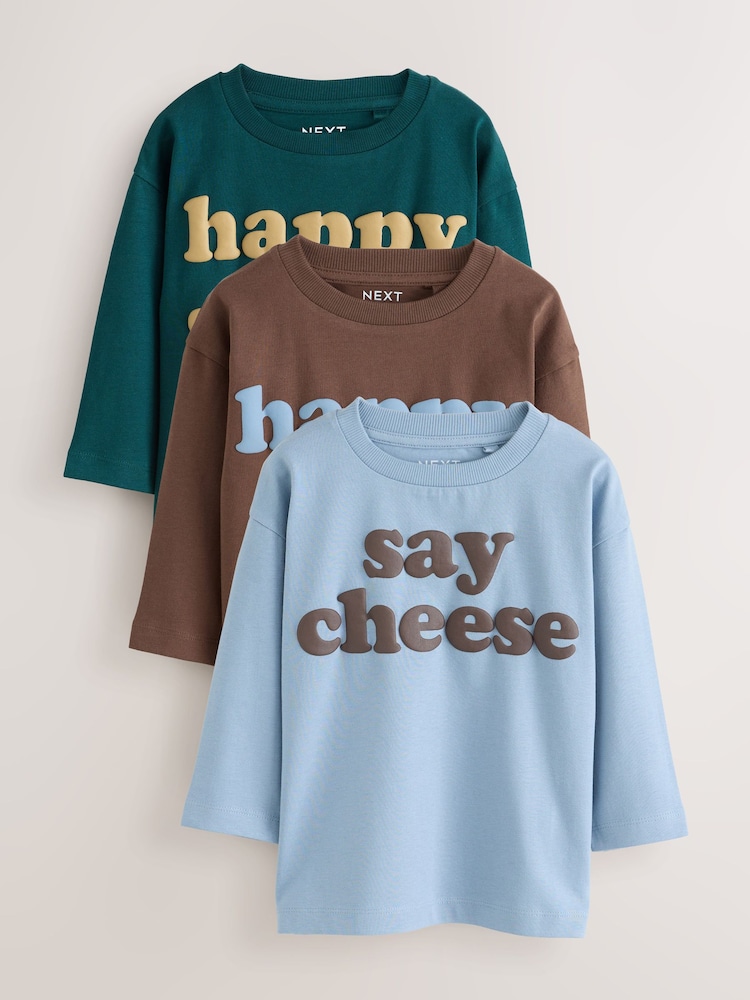 Mutli Blue / Berry / Green Happy Smile Slogan - 長袖圖案 T 裇 3 件裝(3 個月-7 歲) - 圖片 1/7 Mutli Blue / Berry / Green Happy Smile Slogan - 長袖圖案 T 裇 3 件裝(3 個月-7 歲) - 圖片 1/7
