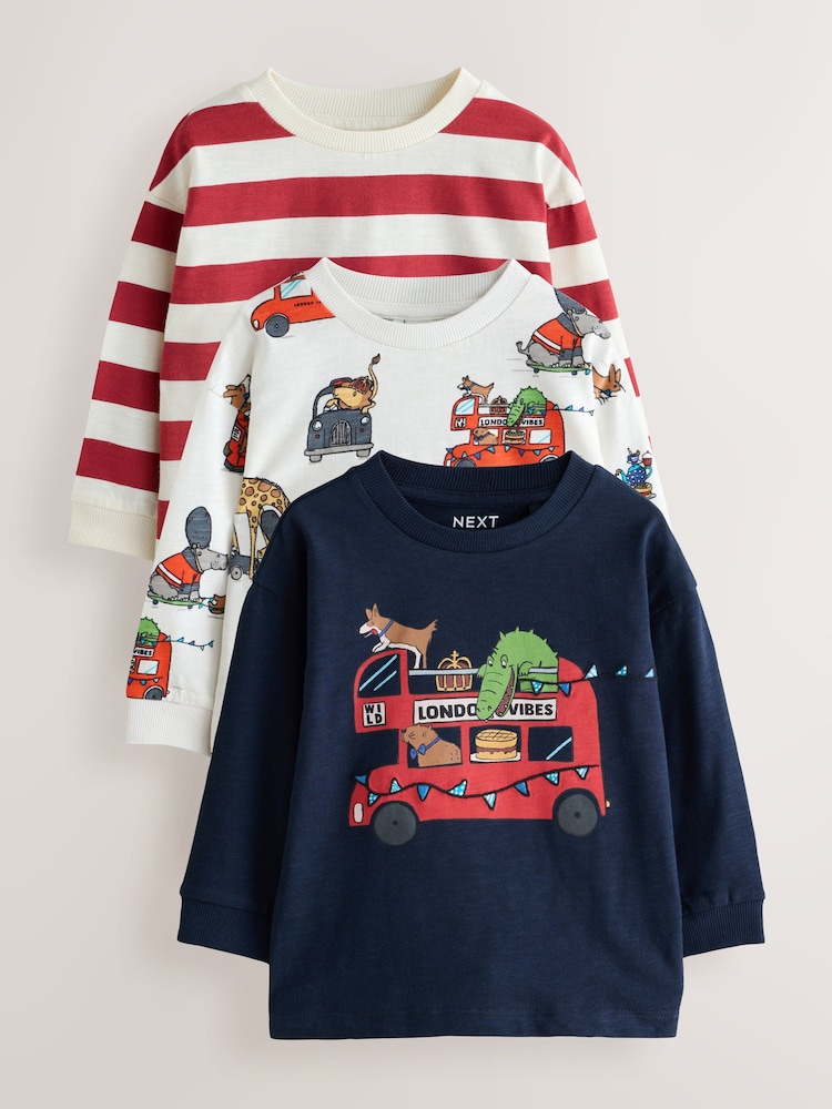 Navy/Red London Long Sleeve Applique T-Shirts 3 Pack (3mths-7yrs) - Image 1 of 7 Navy/Red London Long Sleeve Applique T-Shirts 3 Pack (3mths-7yrs) - Image 1 of 7