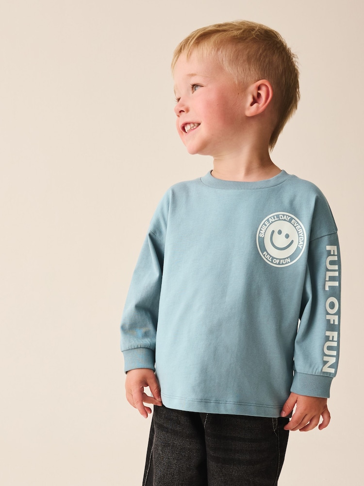 Mineral Blue Smile All Day Everyday Long Sleeve Back Graphic T-Shirt (3mths-7yrs) - Image 2 of 8 Mineral Blue Smile All Day Everyday Long Sleeve Back Graphic T-Shirt (3mths-7yrs) - Image 2 of 8