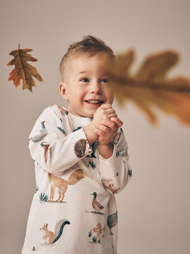 Cream/White Woodland Aminals - Long Sleeve All Over Print T-Shirt (3mths-7yrs) - Bild 1 von 8