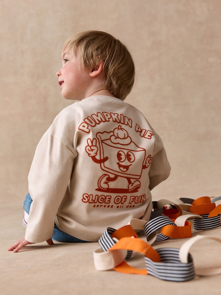 Cream Pumpkin Pie Long Sleeve Back Graphic T-Shirt (3mths-7yrs) - Image 1 of 3 Cream Pumpkin Pie Long Sleeve Back Graphic T-Shirt (3mths-7yrs) - Image 1 of 3