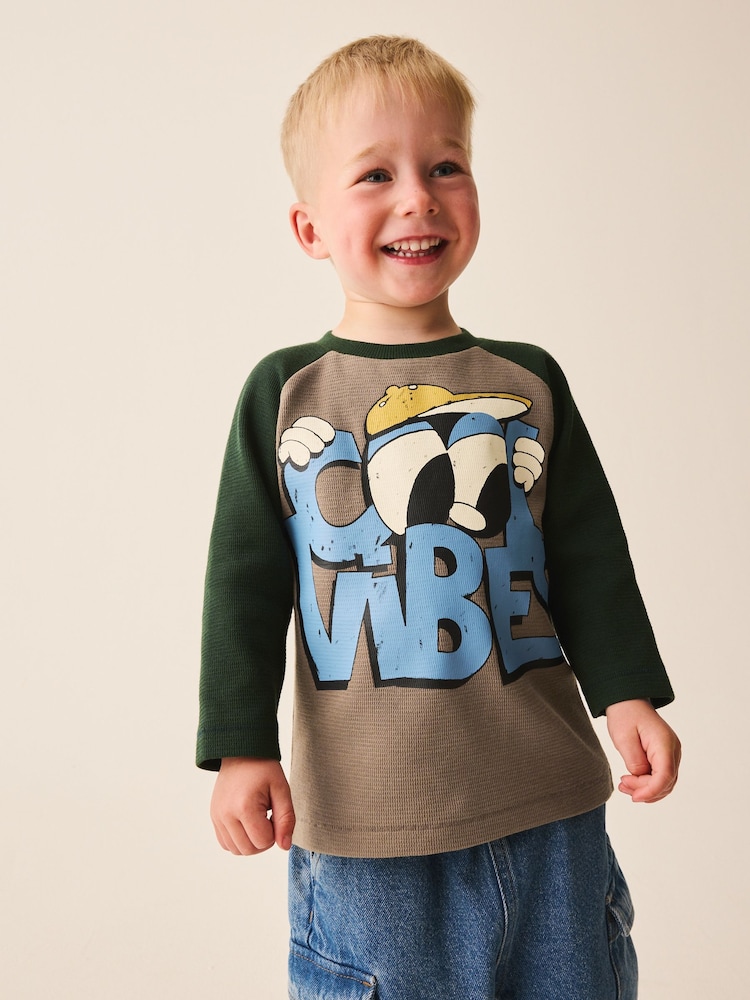 Brown/Khaki Cool Vibes Raglan Textured - Long Sleeve Graphic T-Shirt (3mths-7yrs) - תמונה 1 מתוך 8