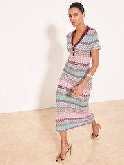 Lipsy Green Zig Zag Detail Short Sleeve Polo Maxi Dress - Image 3 of 5