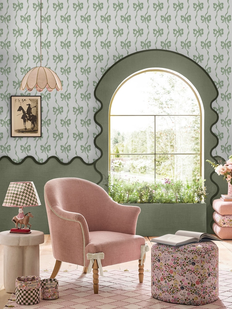 Cath Kidston Sage Ribbon Bow A4 Wallpaper Sample - Image 1 of 5 Cath Kidston Sage Ribbon Bow A4 Wallpaper Sample - Image 1 of 5