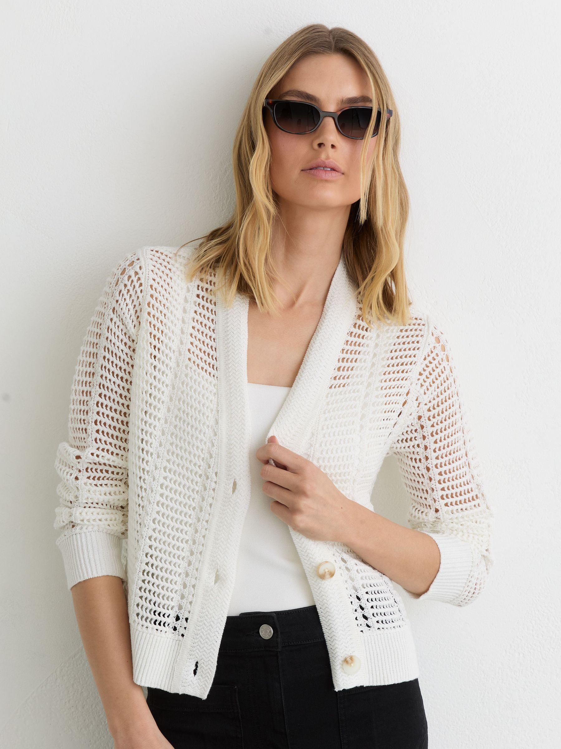 Buy Reiss Ivory Star Open-Knit Button-Through Cardigan from the