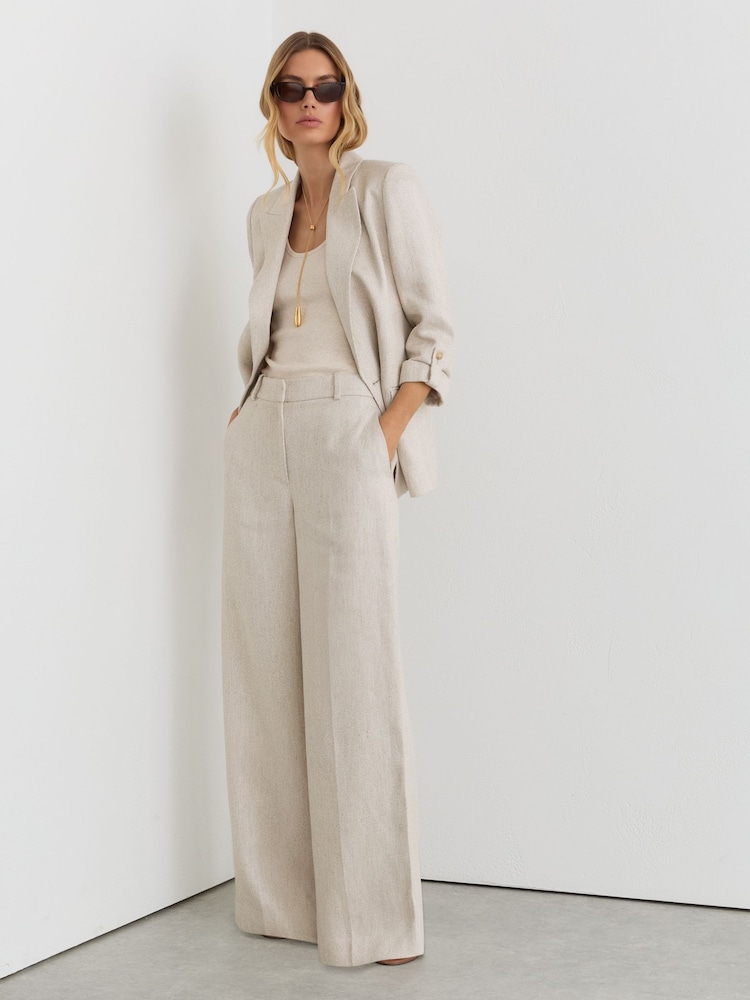 Reiss Neutral Nolah Linen-Blend Textured WIde-Leg Trousers - Image 1 of 7