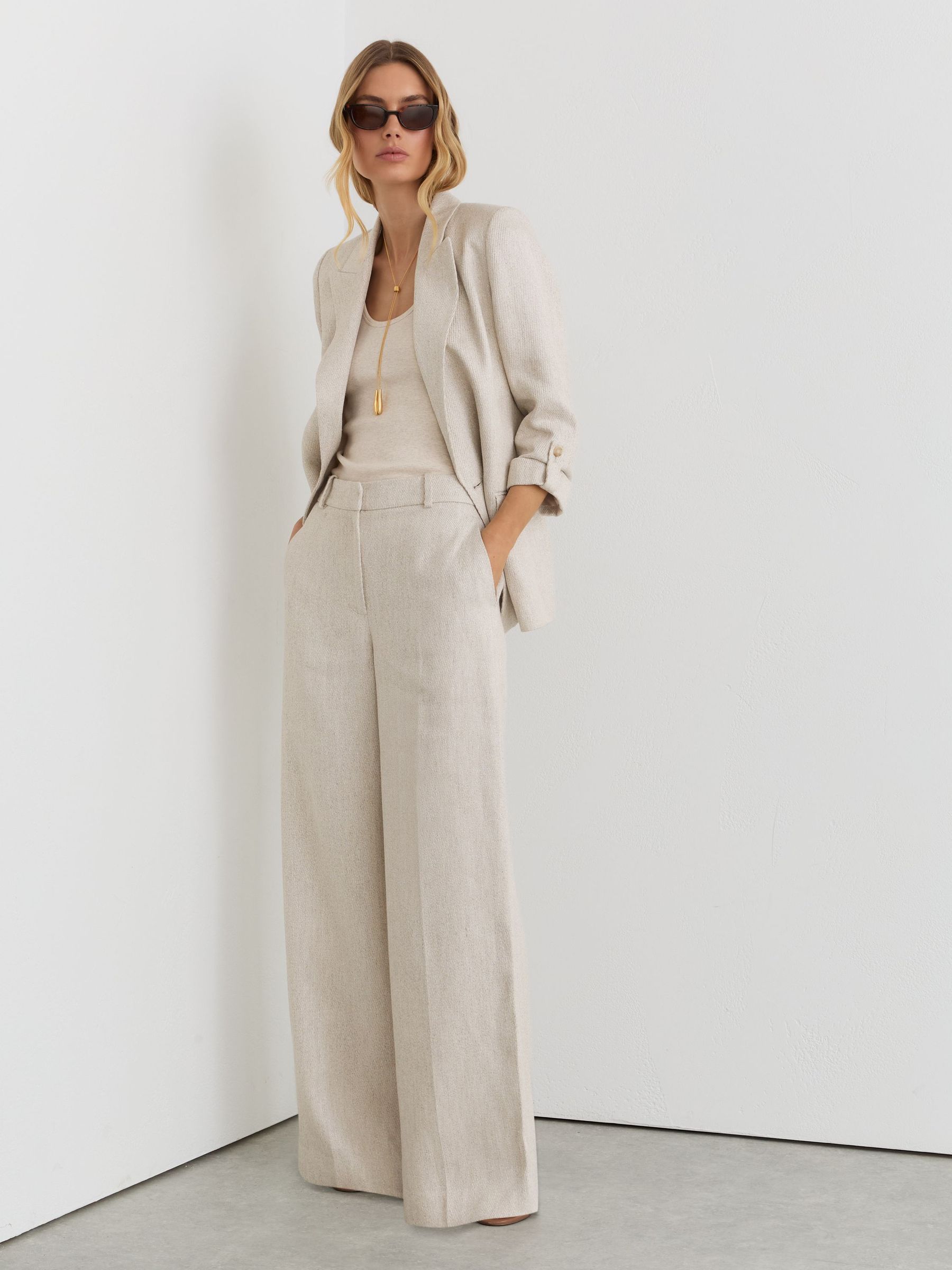 Buy Reiss Neutral Nolah Linen-Blend Textured Wide-Leg Trousers