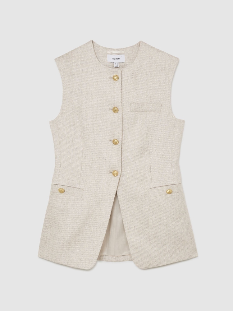 Reiss Neutral Nolah Linen-Blend Textured Long-Line Waistcoat - Image 2 of 6
