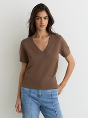 Reiss Taupe Neutral Valerie Cotton-Wool Knit V-Neck Top - Image 1 of 6