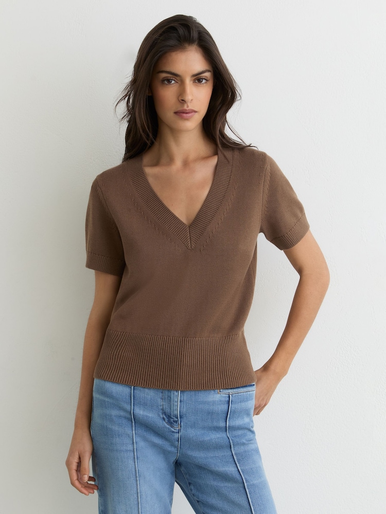 Reiss Taupe Neutral Valerie Cotton-Wool Knit V-Neck Top - Image 1 of 6