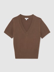 Reiss Taupe Neutral Valerie Cotton-Wool Knit V-Neck Top - Image 2 of 6
