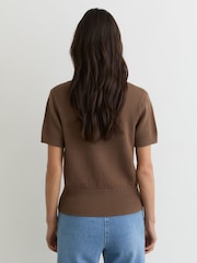 Reiss Taupe Neutral Valerie Cotton-Wool Knit V-Neck Top - Image 5 of 6