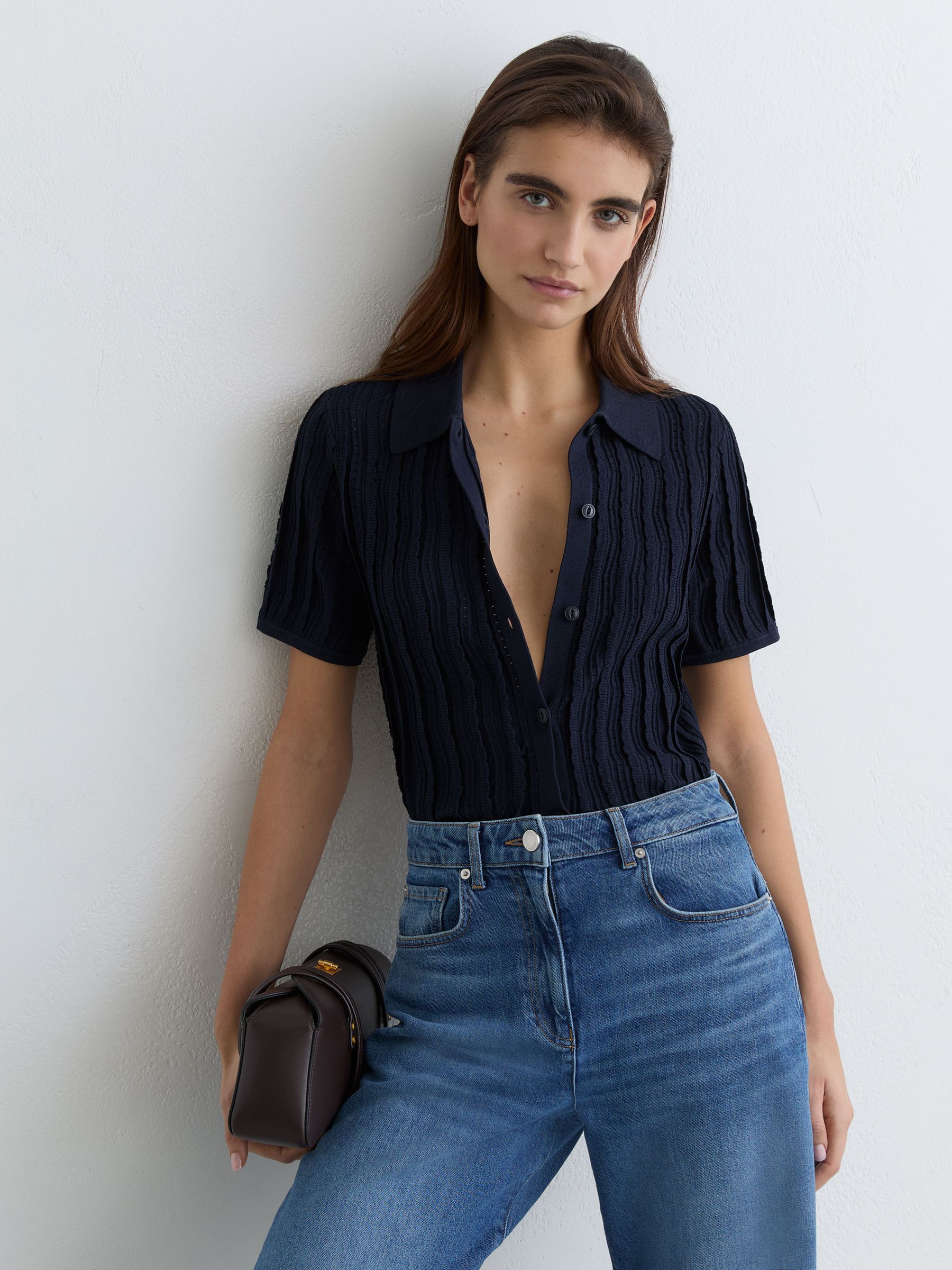 Buy Reiss Navy Audrey Stitch-Detail Short-Sleeve Knitted Shirt