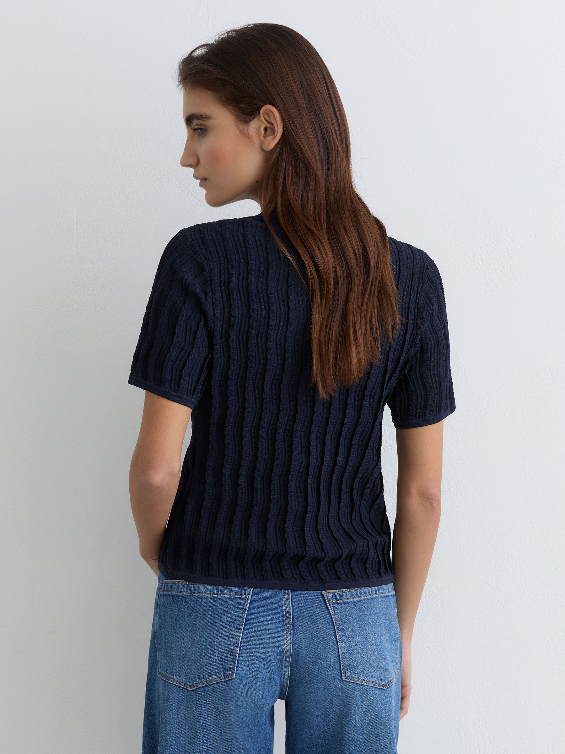 Buy Reiss Navy Audrey Stitch-Detail Short-Sleeve Knitted Shirt