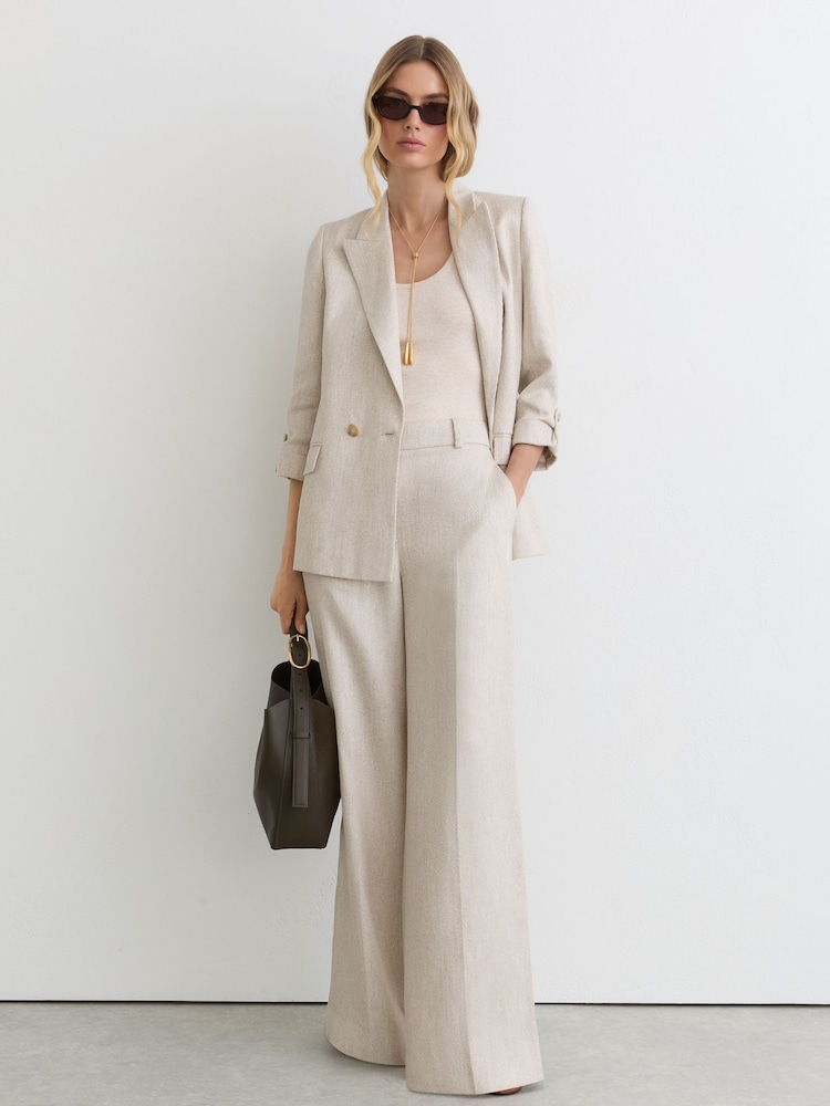 Reiss Neutral Nolah Petite Linen-Blend Textured WIde-Leg Trousers - Image 1 of 9