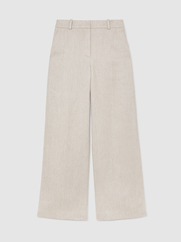 Reiss Neutral Nolah Petite Linen-Blend Textured WIde-Leg Trousers - Image 2 of 9