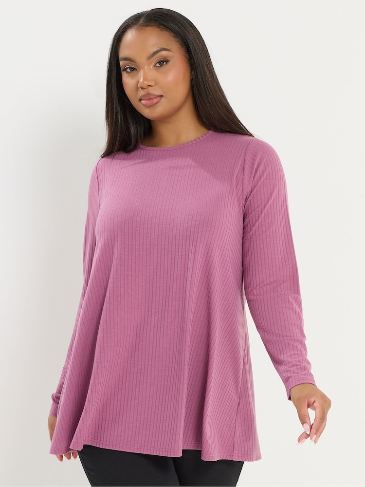 Yours Curve Pink Long Sleeve Ribbed Swing Top - Image 1 of 5 Yours Curve Pink Long Sleeve Ribbed Swing Top - Image 1 of 5