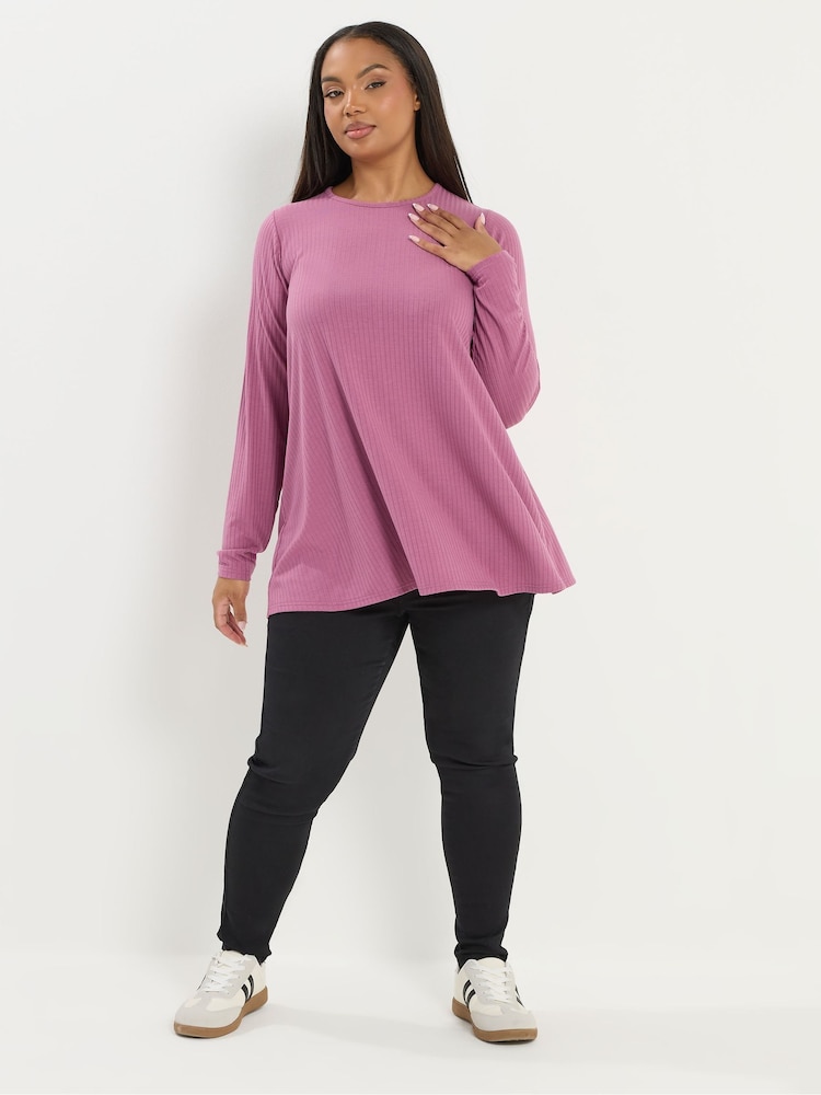 Yours Curve Pink Long Sleeve Ribbed Swing Top - Image 2 of 5 Yours Curve Pink Long Sleeve Ribbed Swing Top - Image 2 of 5