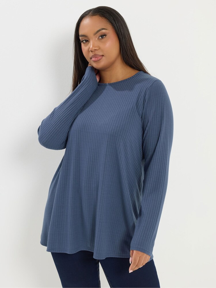 Yours Curve Blue Long Sleeve Ribbed Swing Top - Image 1 of 4 Yours Curve Blue Long Sleeve Ribbed Swing Top - Image 1 of 4