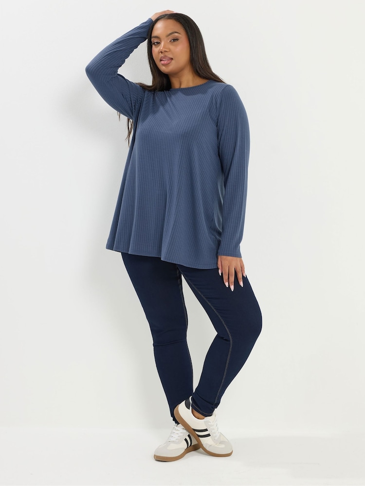 Yours Curve Blue Long Sleeve Ribbed Swing Top - Image 2 of 4 Yours Curve Blue Long Sleeve Ribbed Swing Top - Image 2 of 4