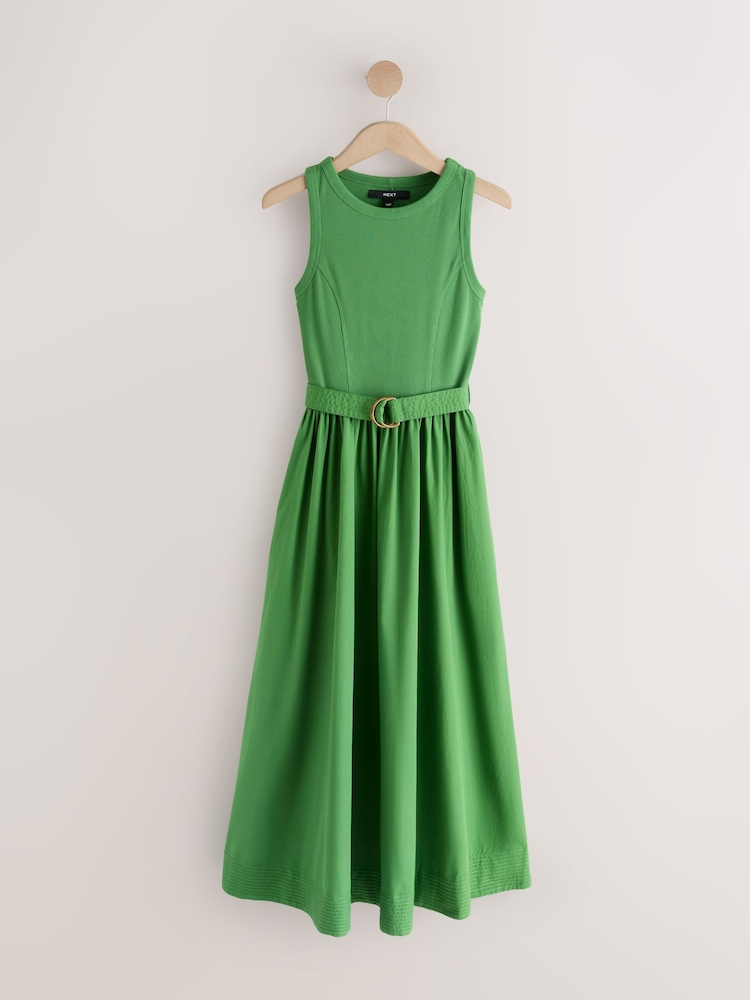 belted green dress Long, Belted Dress in Pure Silk Dark Green