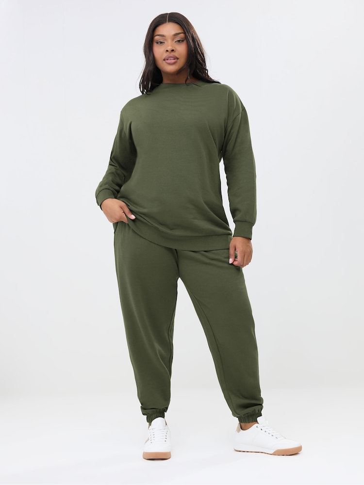 Yours Curve Green Crewneck Sweat Top & Cuffed Joggers Set - Image 1 of 5 Yours Curve Green Crewneck Sweat Top & Cuffed Joggers Set - Image 1 of 5