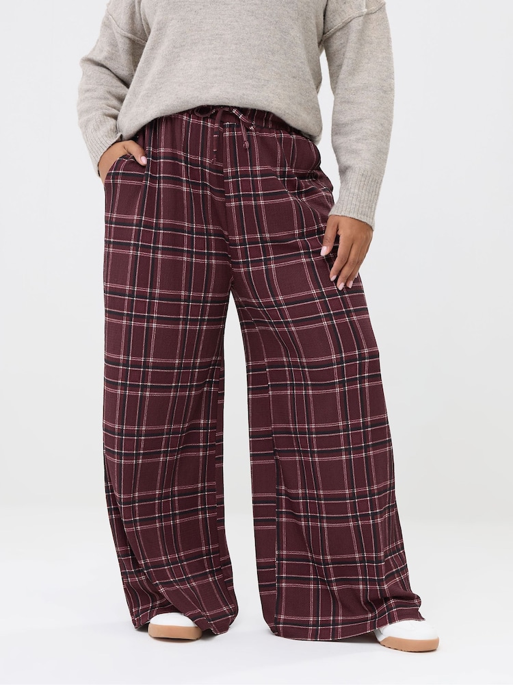 Yours Curve Red Check Crinkle Wide Leg Trousers - Image 1 of 5 Yours Curve Red Check Crinkle Wide Leg Trousers - Image 1 of 5