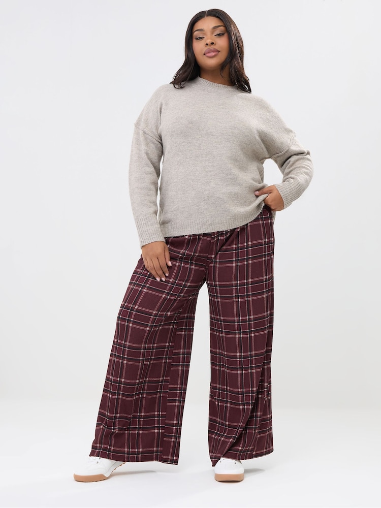 Yours Curve Red Check Crinkle Wide Leg Trousers - Image 2 of 5 Yours Curve Red Check Crinkle Wide Leg Trousers - Image 2 of 5