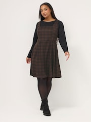 Yours Curve Brown Flippy Check Pinafore Dress - Image 1 of 5