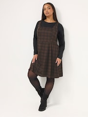 Yours Curve Brown Flippy Check Pinafore Dress - Image 2 of 5