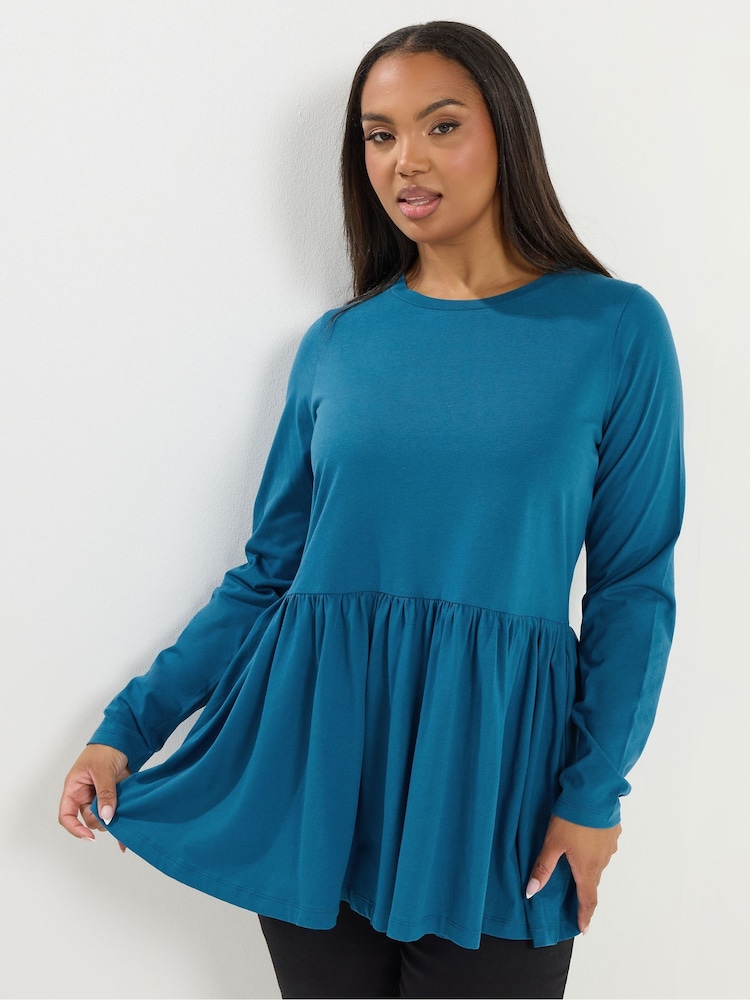 Yours Curve Blue Long Sleeve Peplum Cotton Top - Image 1 of 5