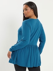Yours Curve Blue Long Sleeve Peplum Cotton Top - Image 2 of 5