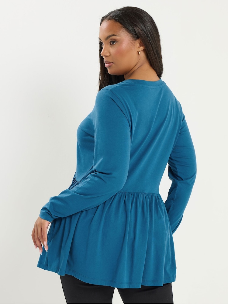 Yours Curve Blue Long Sleeve Peplum Cotton Top - Image 2 of 5